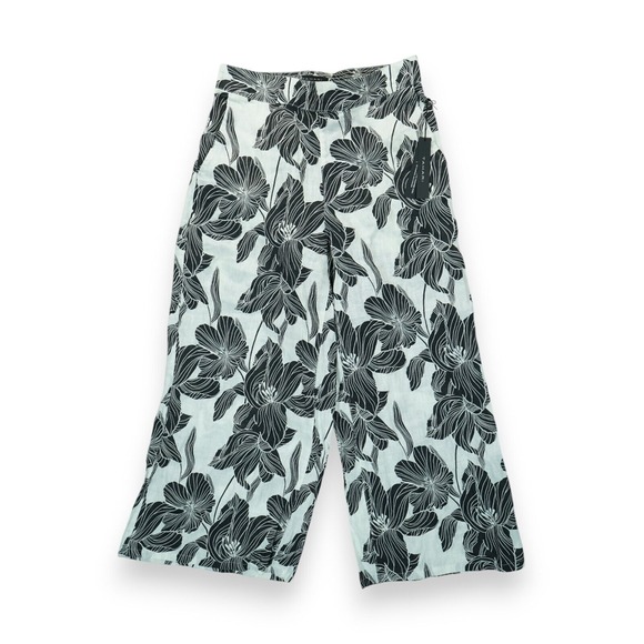 NWT Tahari 100% Linen Black White Wide Leg Floral Pants Women Size Large Pull On - Picture 1 of 5